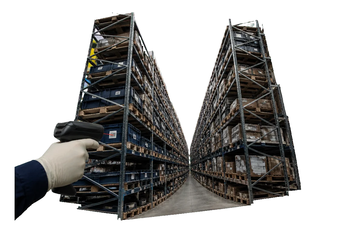 Technician scanning inventory inside a monumental high-bay warehouse aisle